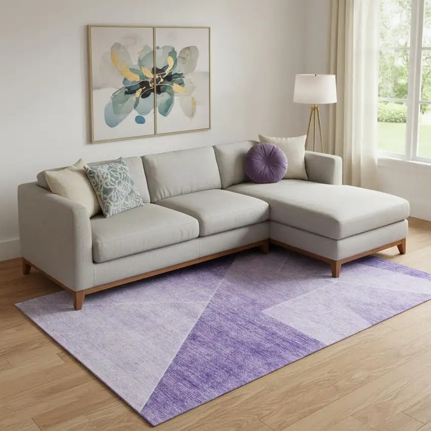Purple And Ivory Geometric Washable Area Rug With UV Protection Photo 1