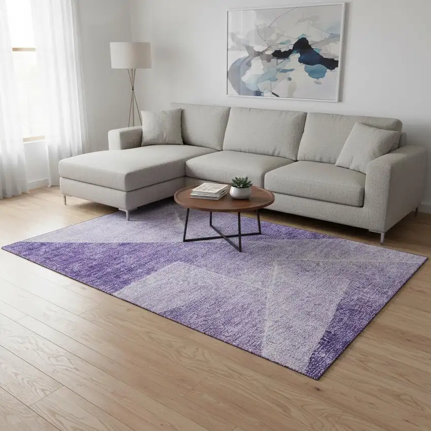 Purple And Ivory Geometric Washable Area Rug With UV Protection Photo 2