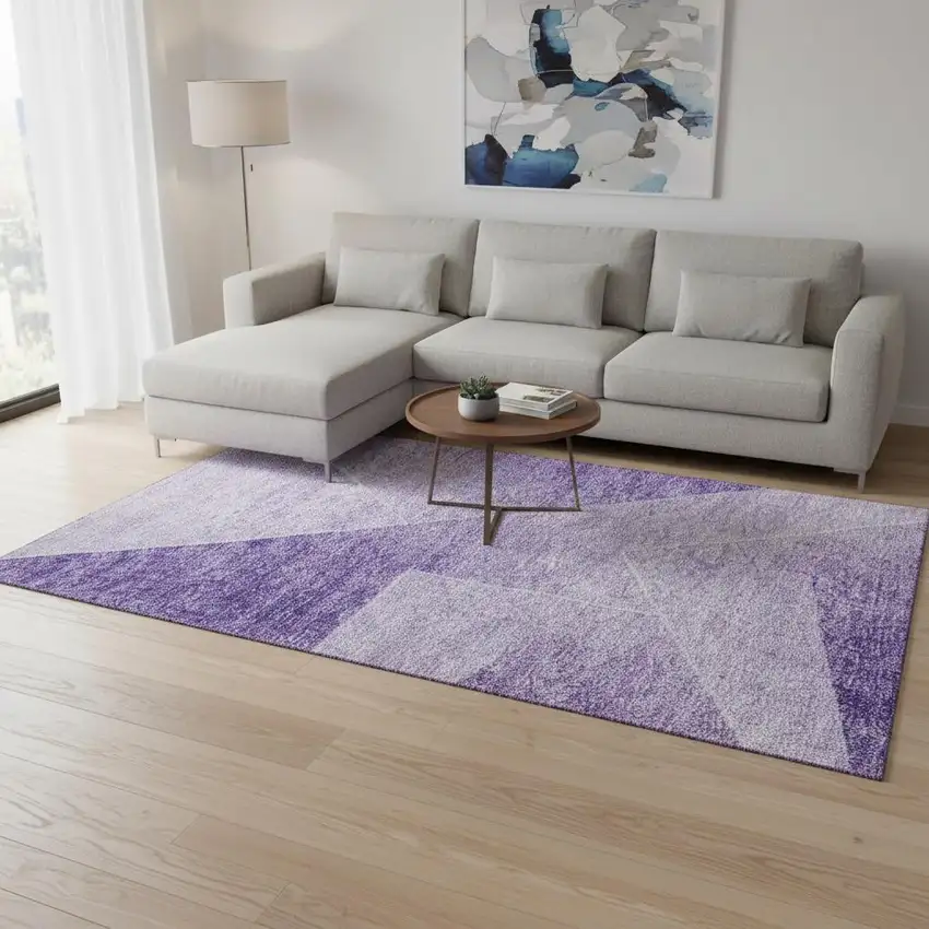 Purple And Ivory Geometric Washable Area Rug With UV Protection Photo 2