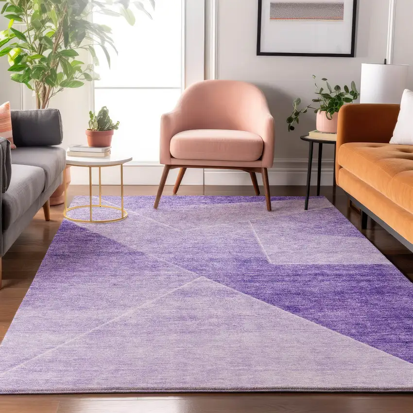 Purple And Ivory Geometric Washable Area Rug With UV Protection Photo 5