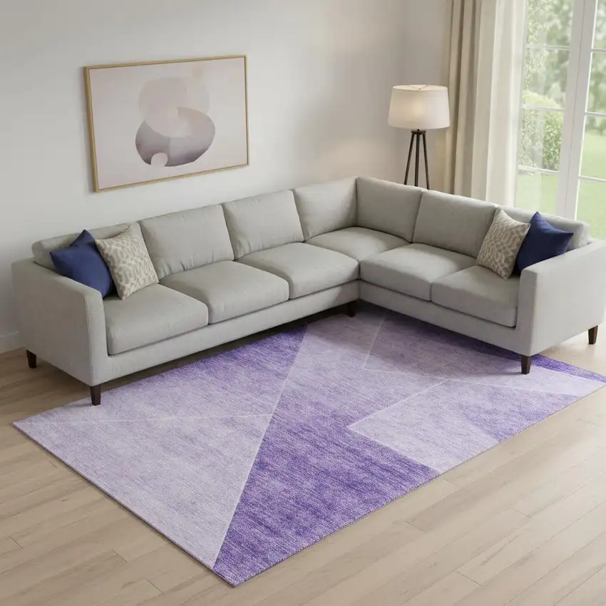 Purple And Ivory Geometric Washable Area Rug With UV Protection Photo 1