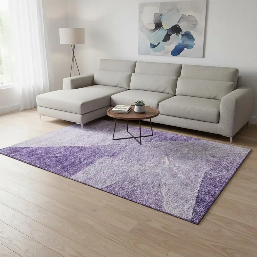 Purple And Ivory Geometric Washable Area Rug With UV Protection Photo 2