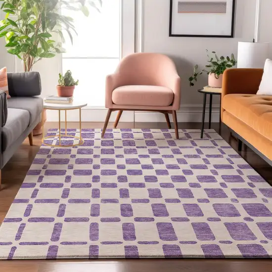 Purple And Ivory Geometric Washable Area Rug With UV Protection Photo 5