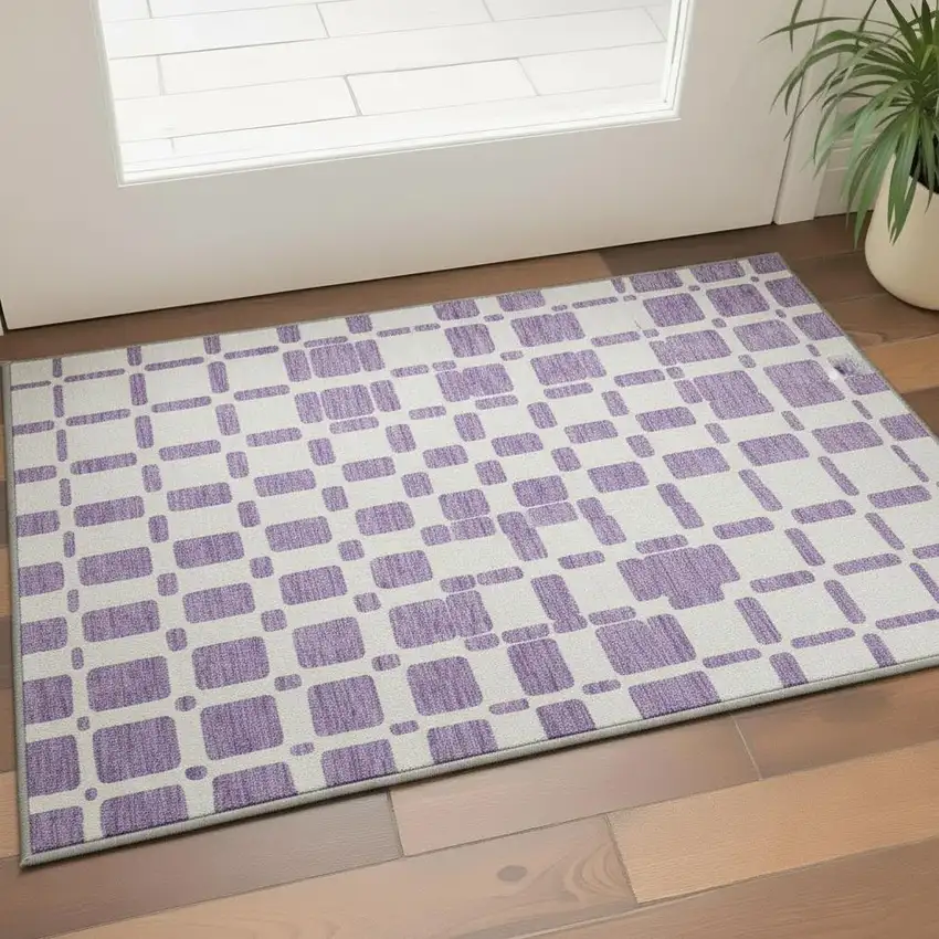 Purple And Ivory Geometric Washable Area Rug With UV Protection Photo 2
