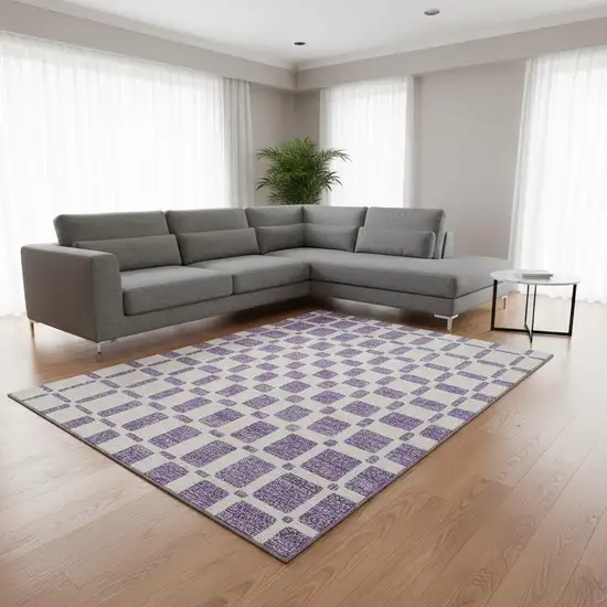 Purple And Ivory Geometric Washable Area Rug With UV Protection Photo 2