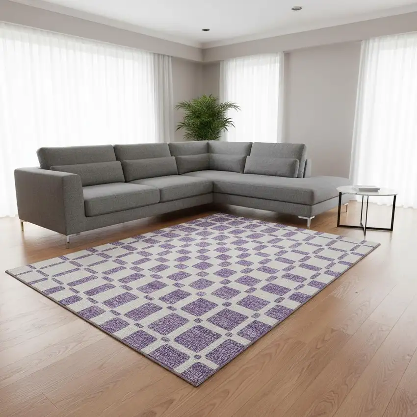 Purple And Ivory Geometric Washable Area Rug With UV Protection Photo 2