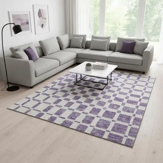 Purple And Ivory Geometric Washable Area Rug With UV Protection Photo 2