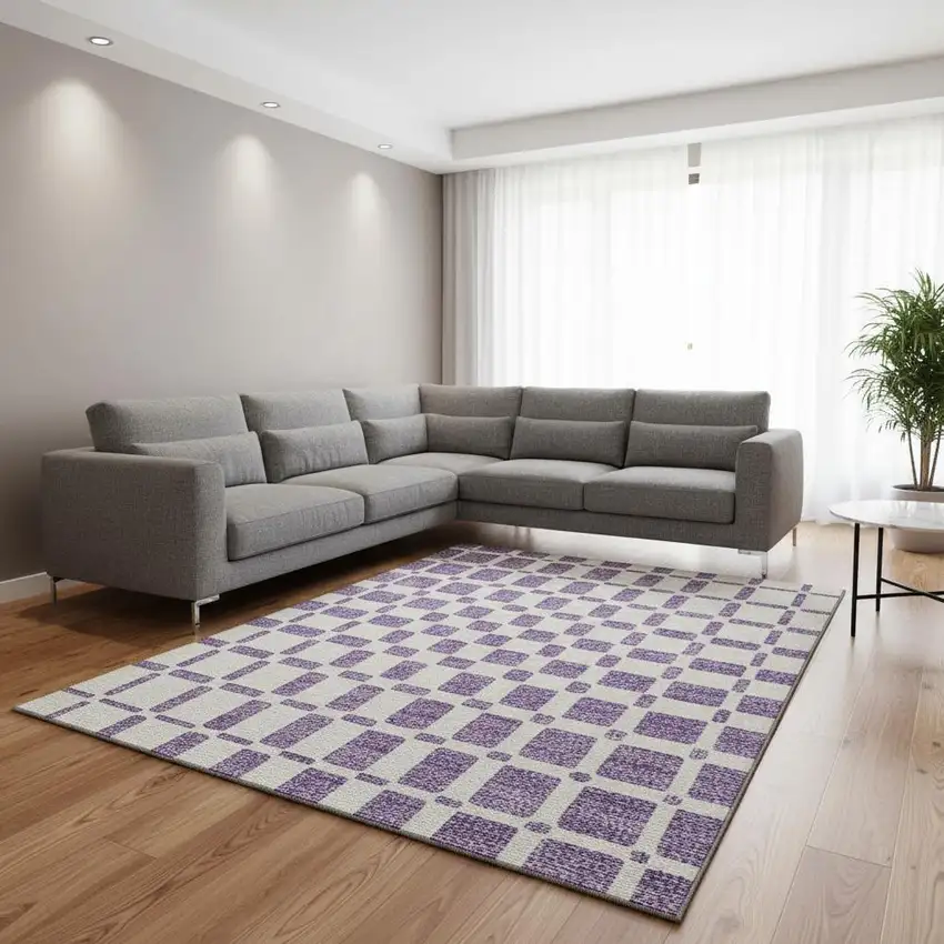 Purple And Ivory Geometric Washable Area Rug With UV Protection Photo 2