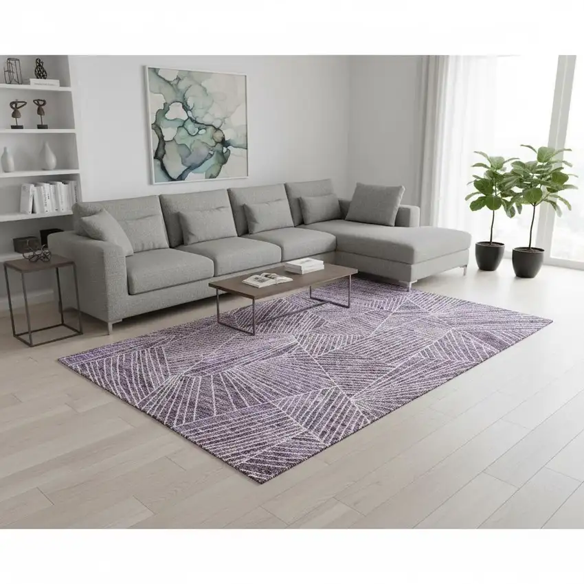 Purple And Ivory Geometric Washable Area Rug With UV Protection Photo 2