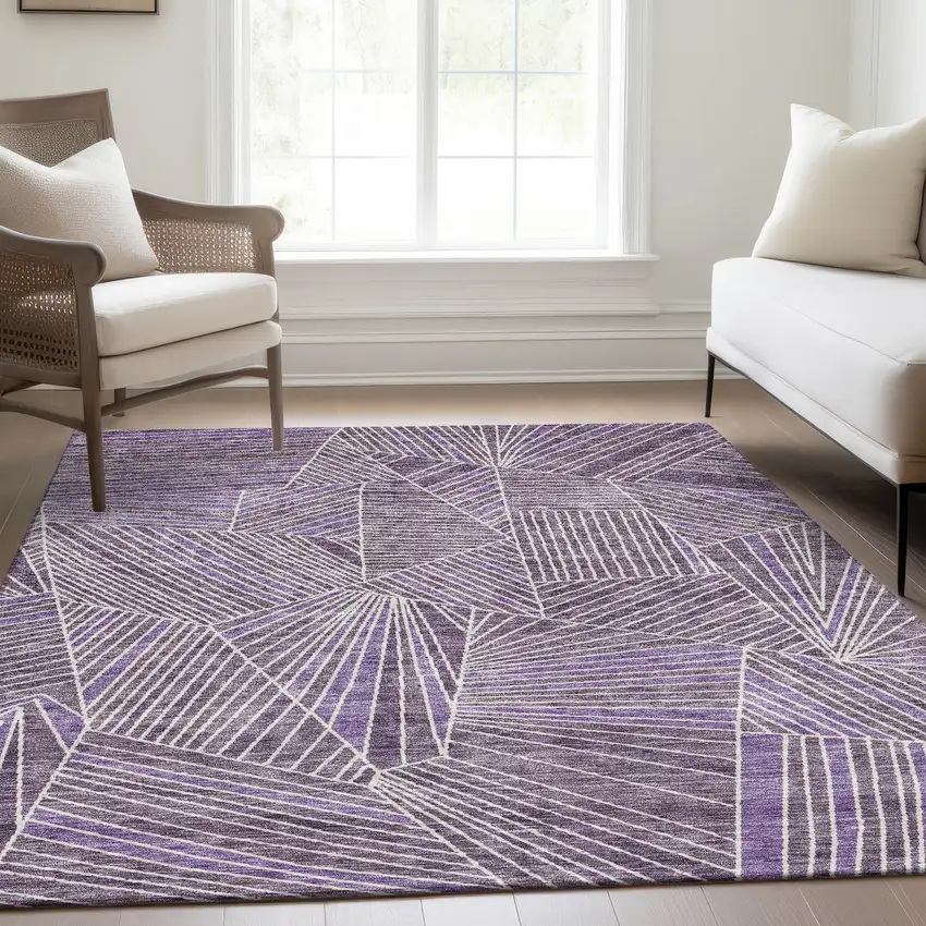 Purple And Ivory Geometric Washable Area Rug With UV Protection Photo 6