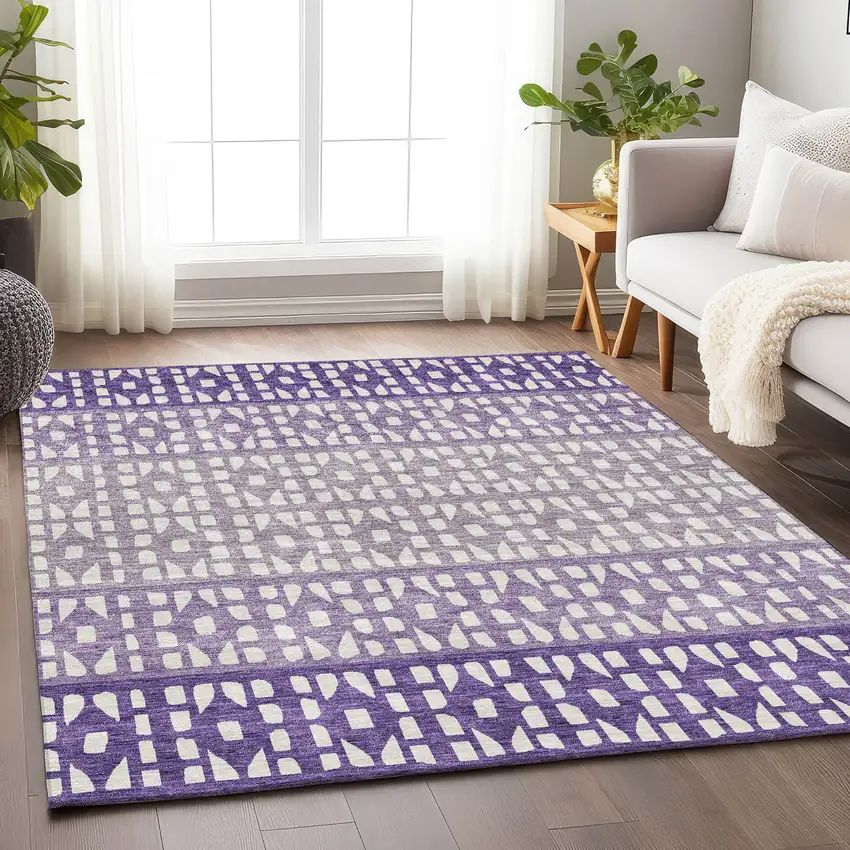 Purple And Ivory Geometric Washable Area Rug With UV Protection Photo 4