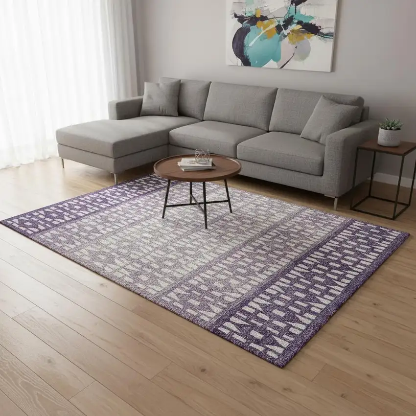 Purple And Ivory Geometric Washable Area Rug With UV Protection Photo 2
