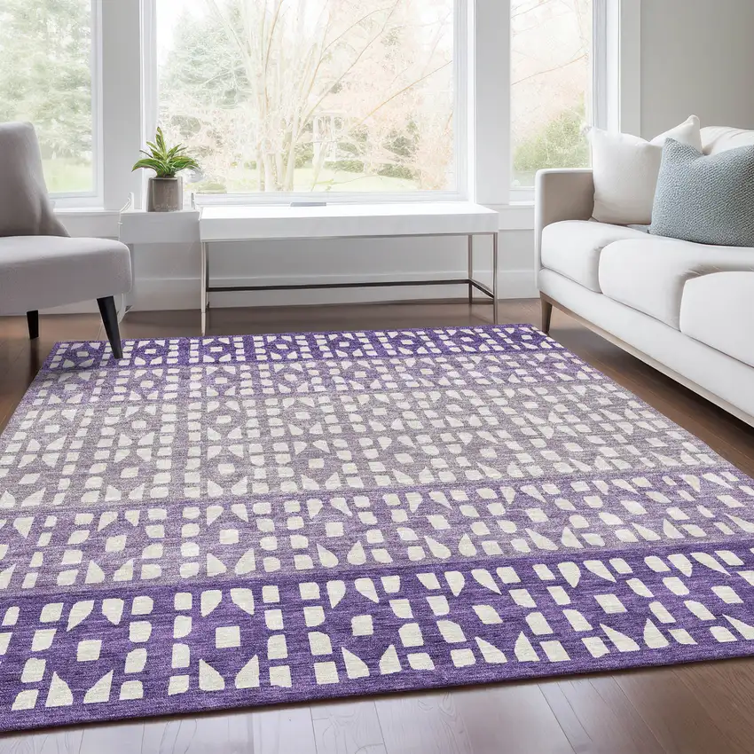 Purple And Ivory Geometric Washable Area Rug With UV Protection Photo 5