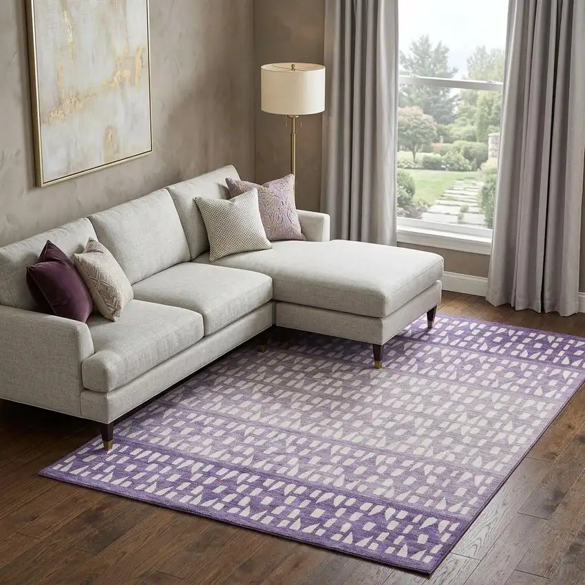 Purple And Ivory Geometric Washable Area Rug With UV Protection Photo 1