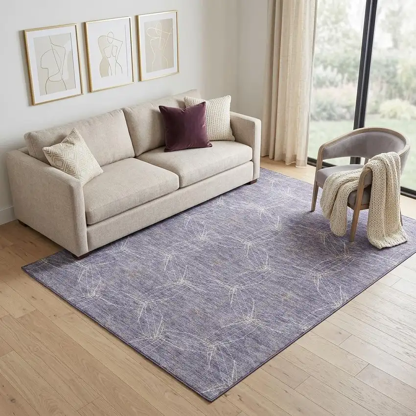 Purple And Ivory Geometric Washable Area Rug With UV Protection Photo 1