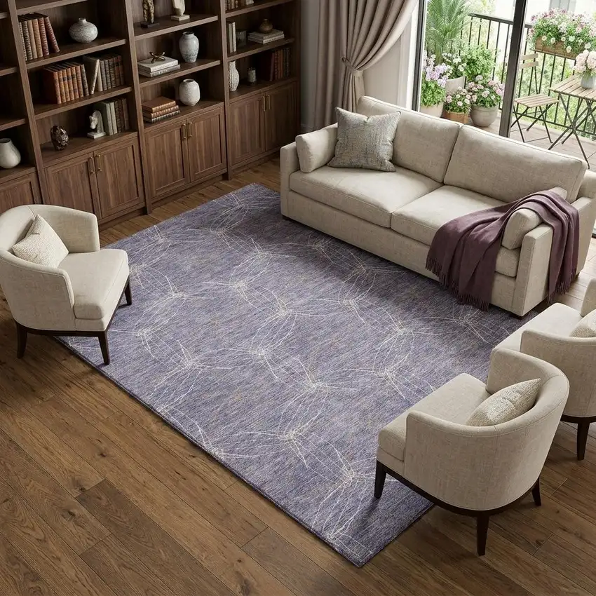 Purple And Ivory Geometric Washable Area Rug With UV Protection Photo 1
