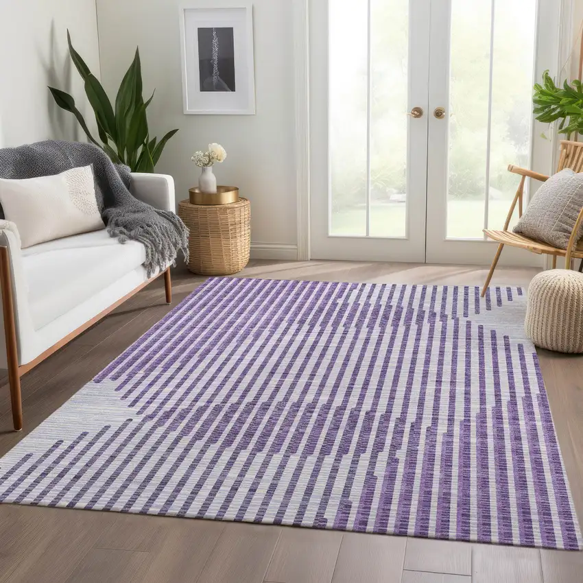 Purple And Ivory Geometric Washable Area Rug With UV Protection Photo 5