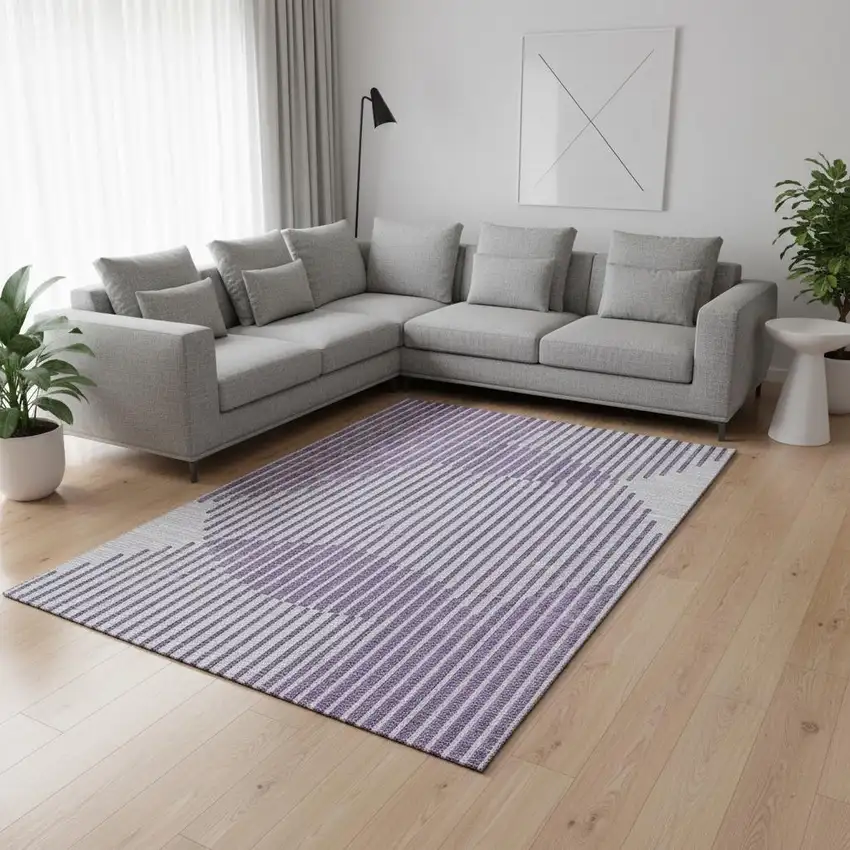 Purple And Ivory Geometric Washable Area Rug With UV Protection Photo 2