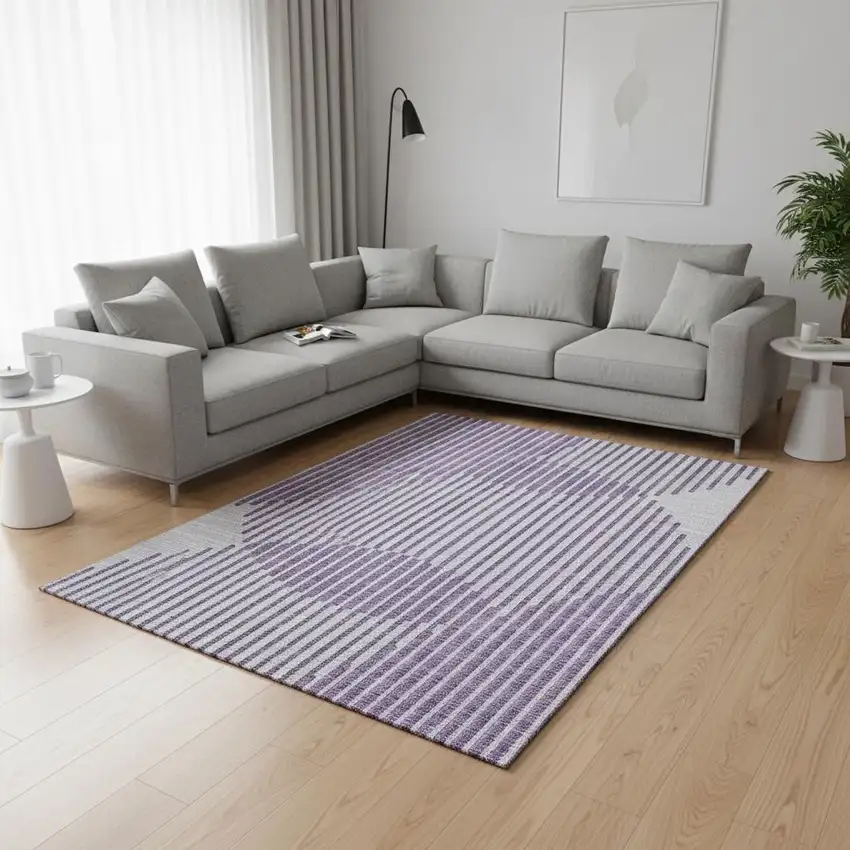 Purple And Ivory Geometric Washable Area Rug With UV Protection Photo 2