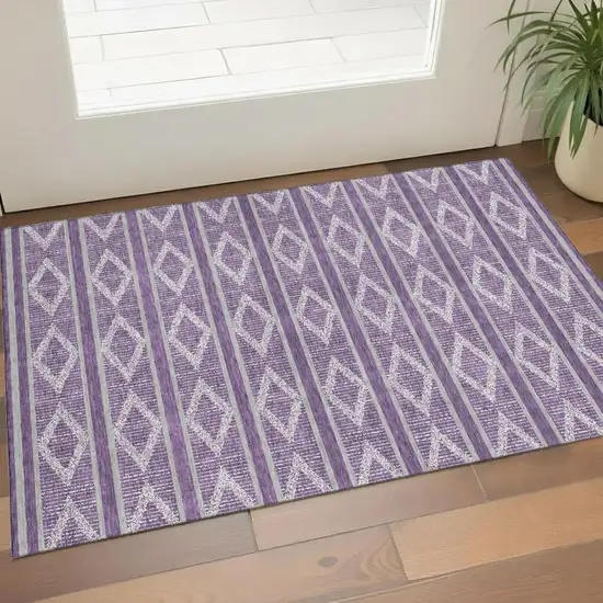 Purple And Ivory Geometric Washable Area Rug With UV Protection Photo 1
