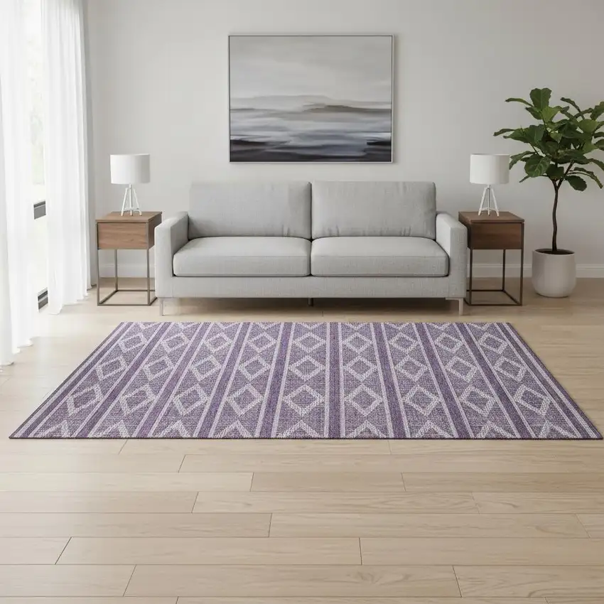 Purple And Ivory Geometric Washable Area Rug With UV Protection Photo 2