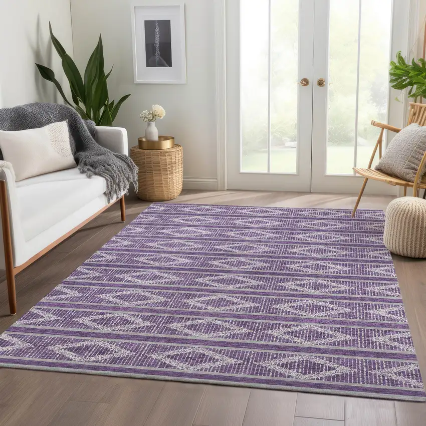 Purple And Ivory Geometric Washable Area Rug With UV Protection Photo 5