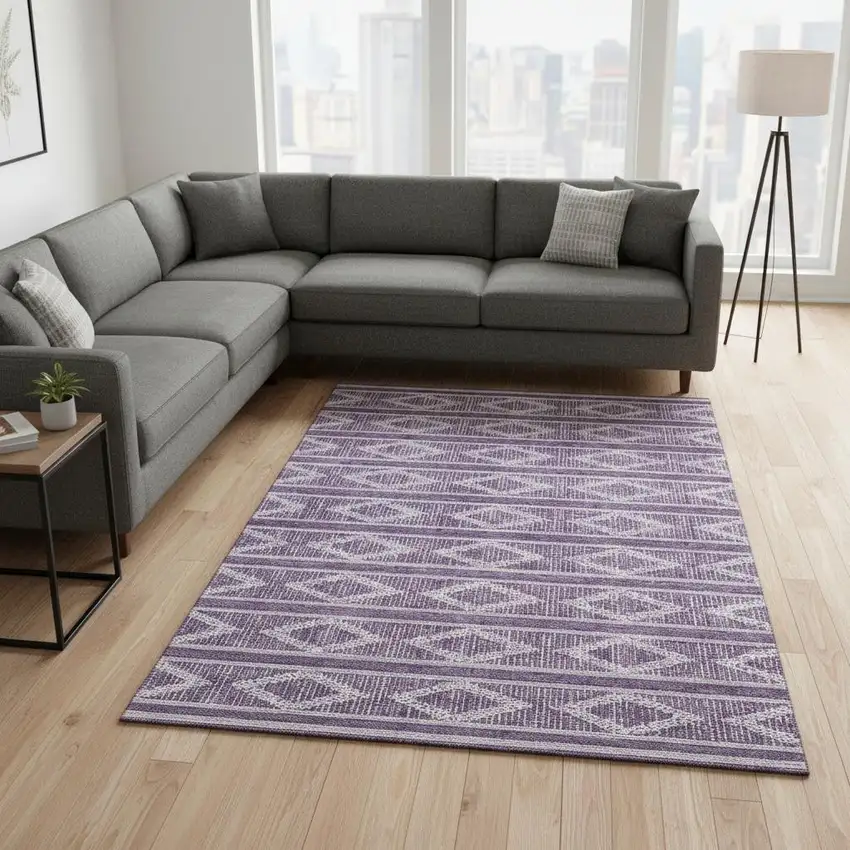 Purple And Ivory Geometric Washable Area Rug With UV Protection Photo 2