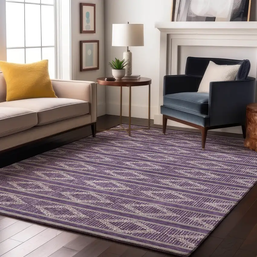 Purple And Ivory Geometric Washable Area Rug With UV Protection Photo 4