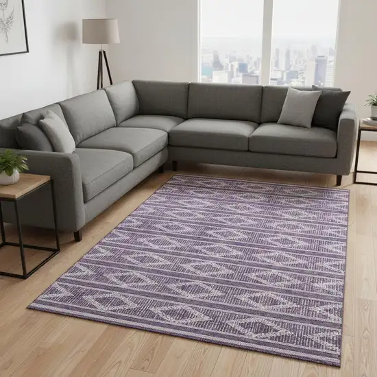 Purple And Ivory Geometric Washable Area Rug With UV Protection Photo 2