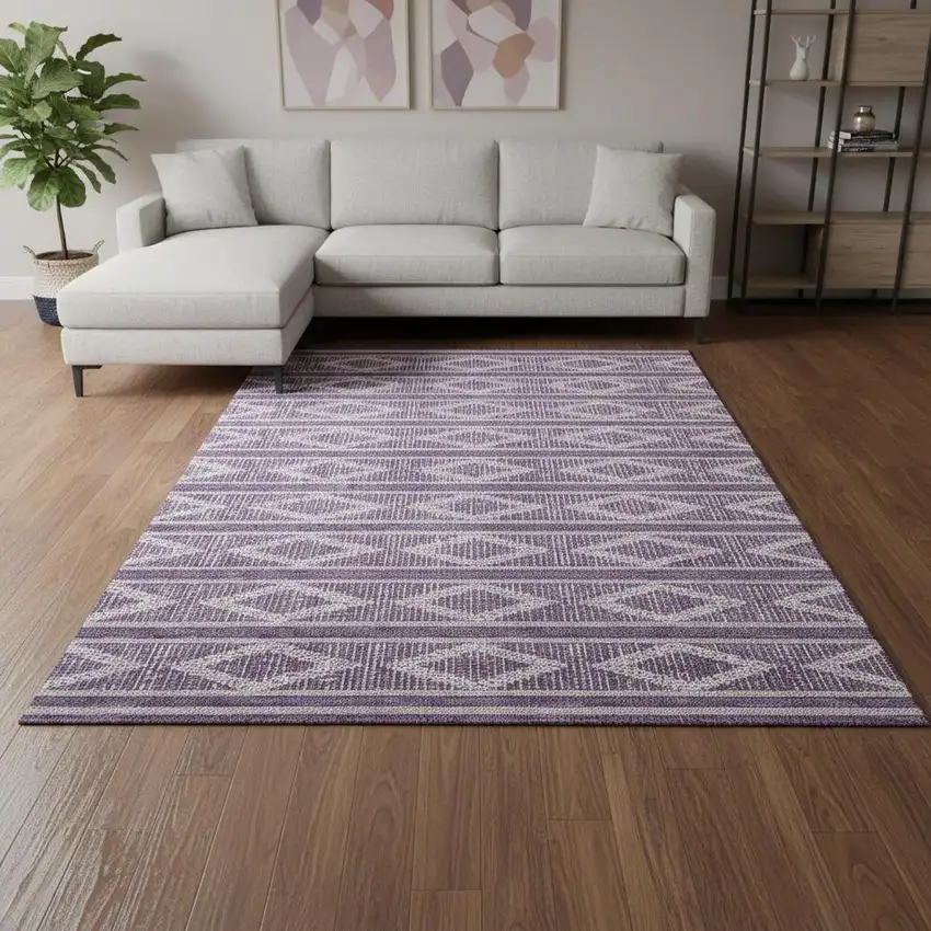 Purple And Ivory Geometric Washable Area Rug With UV Protection Photo 2