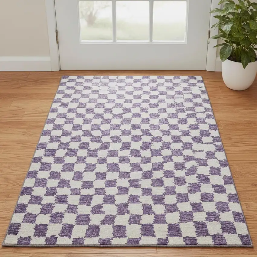 Purple And Ivory Geometric Washable Area Rug With UV Protection Photo 2