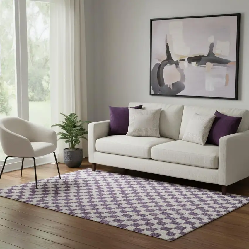 Purple And Ivory Geometric Washable Area Rug With UV Protection Photo 2