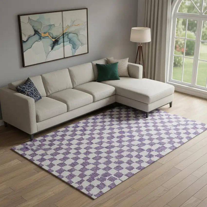 Purple And Ivory Geometric Washable Area Rug With UV Protection Photo 2