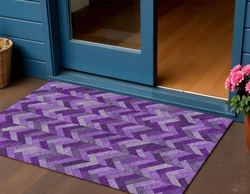 Purple And Ivory Geometric Washable Indoor Outdoor Area Rug Photo 1