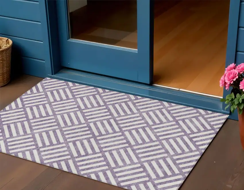 Purple And Ivory Geometric Washable Indoor Outdoor Area Rug Photo 1