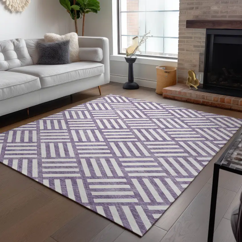 Purple And Ivory Geometric Washable Indoor Outdoor Area Rug Photo 9