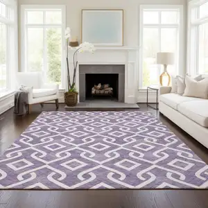 Photo of Purple And Ivory Geometric Washable Indoor Outdoor Area Rug