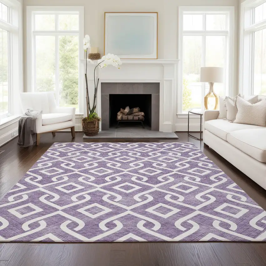 Purple And Ivory Geometric Washable Indoor Outdoor Area Rug Photo 7