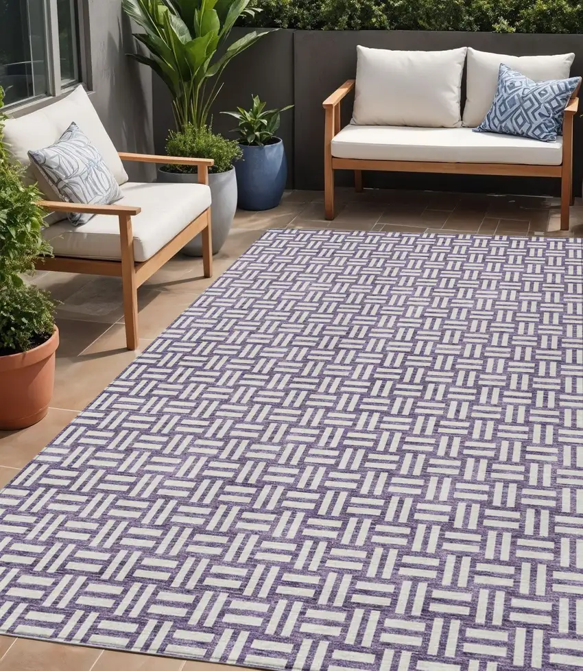 Purple And Ivory Geometric Washable Indoor Outdoor Area Rug Photo 1