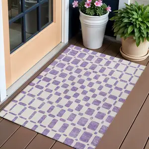 Photo of Purple And Ivory Geometric Washable Indoor Outdoor Area Rug