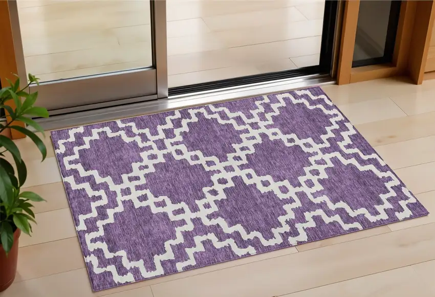 Purple And Ivory Geometric Washable Indoor Outdoor Area Rug Photo 1