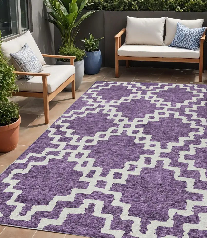 Purple And Ivory Geometric Washable Indoor Outdoor Area Rug Photo 1