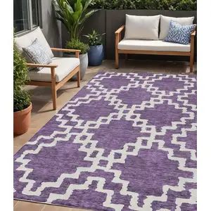 Photo of Purple And Ivory Geometric Washable Indoor Outdoor Area Rug