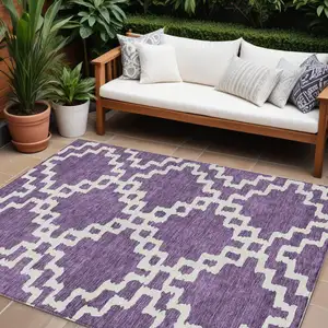 Photo of Purple And Ivory Geometric Washable Indoor Outdoor Area Rug