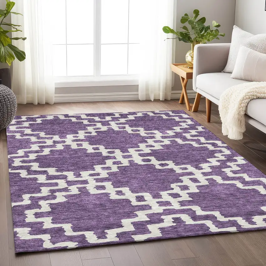 Purple And Ivory Geometric Washable Indoor Outdoor Area Rug Photo 9