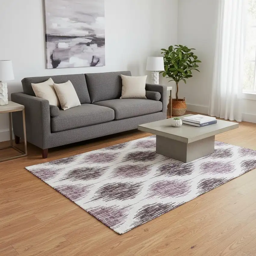 Purple And Ivory Ikat Washable Area Rug With UV Protection Photo 2