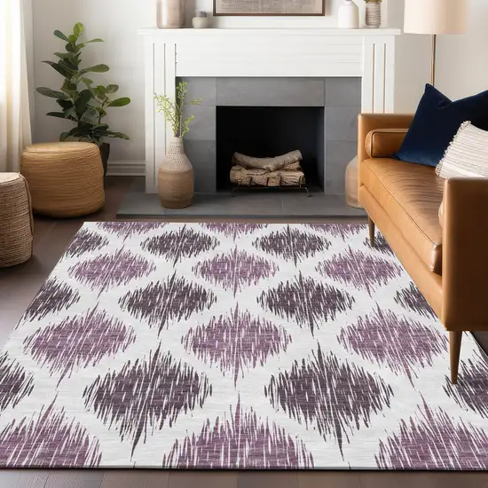 Purple And Ivory Ikat Washable Area Rug With UV Protection Photo 5