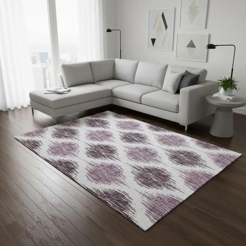 Purple And Ivory Ikat Washable Area Rug With UV Protection Photo 2