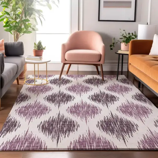 Purple And Ivory Ikat Washable Area Rug With UV Protection Photo 4
