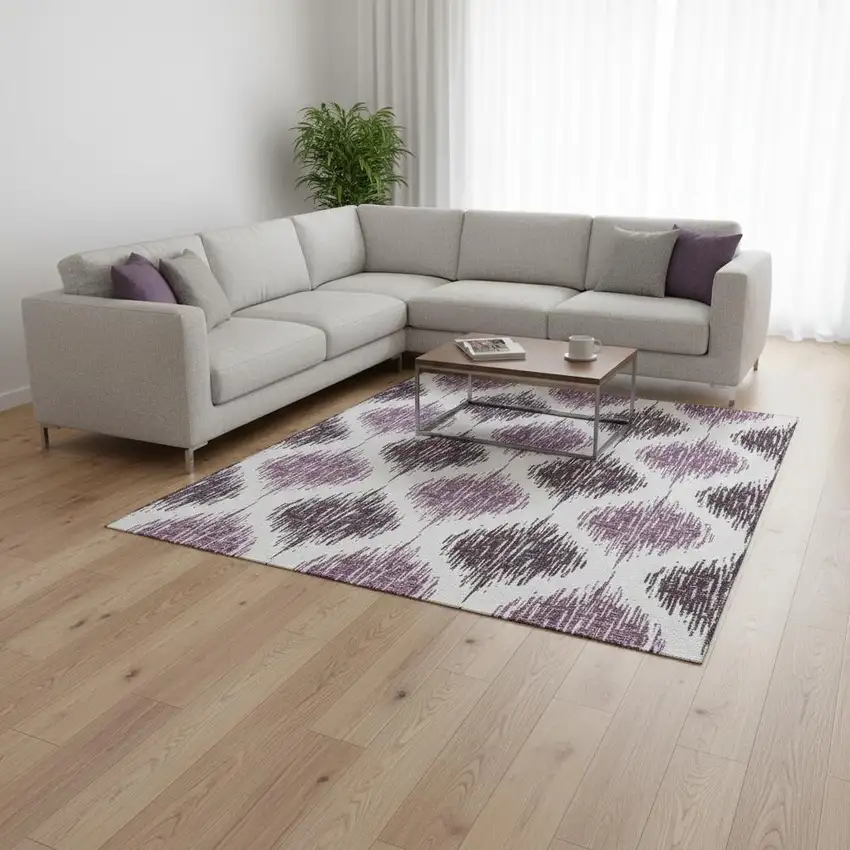 Purple And Ivory Ikat Washable Area Rug With UV Protection Photo 2